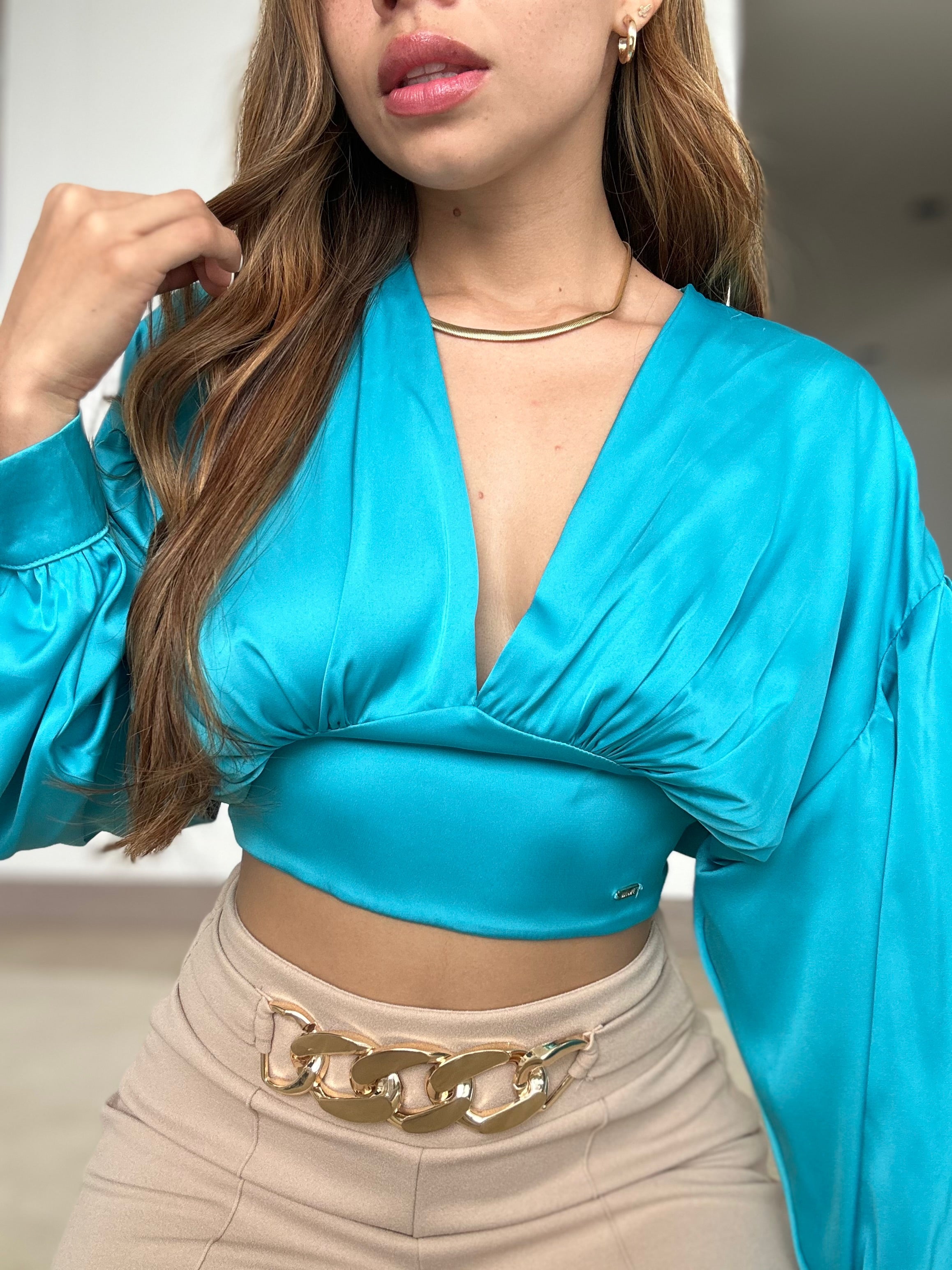 Blusa Cuello V Manga Larga Amarrar Atras