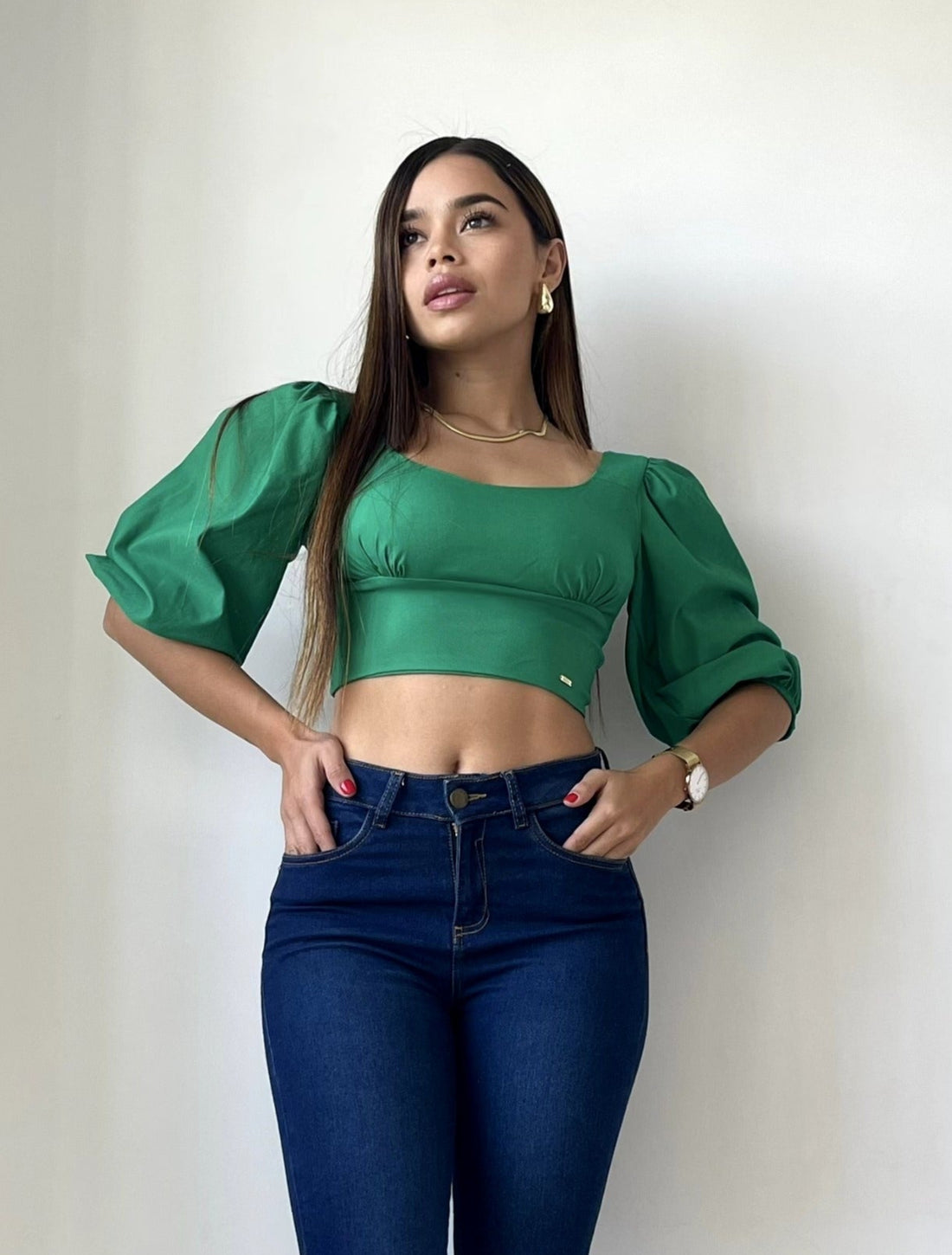 Blusa Cuello V Manga 3/4 Tiras Amarrar