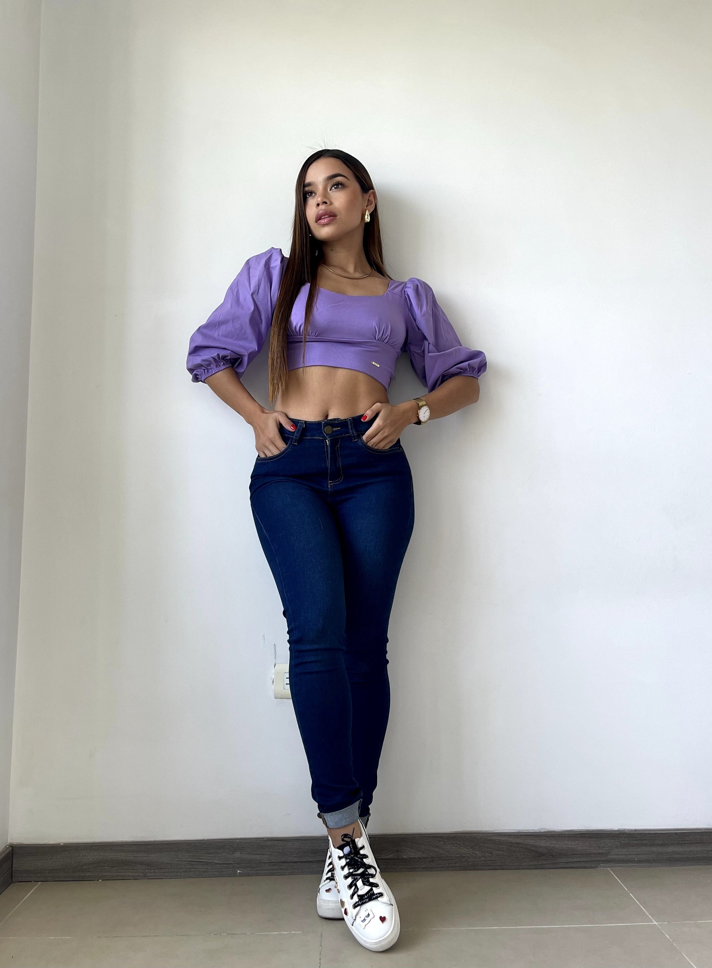 Blusa Cuello V Manga 3/4 Tiras Amarrar