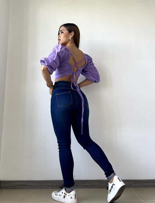 Blusa Cuello V Manga 3/4 Tiras Amarrar