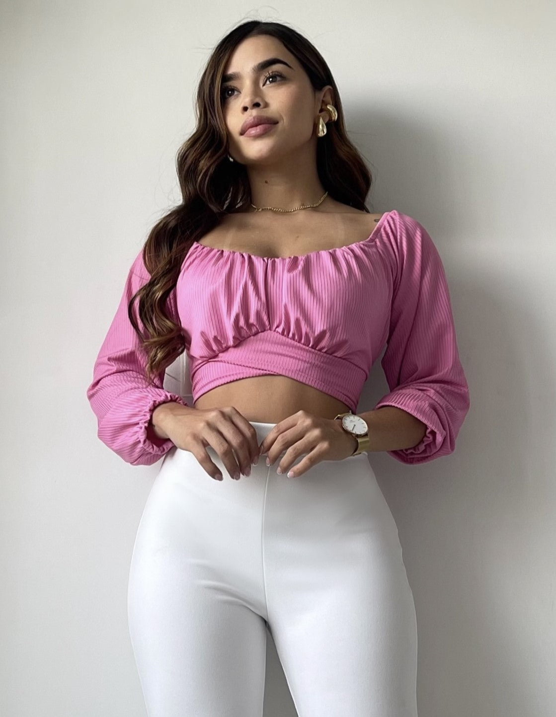 Blusa Manga Larga Tiras Amarrar Cintura