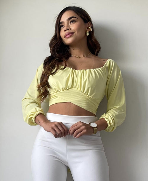 Blusa Manga Larga Tiras Amarrar Cintura