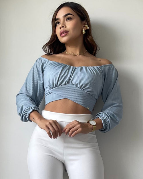 Blusa Manga Larga Tiras Amarrar Cintura