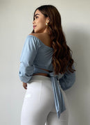 Blusa Manga Larga Tiras Amarrar Cintura