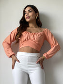 Blusa Manga Larga Tiras Amarrar Cintura