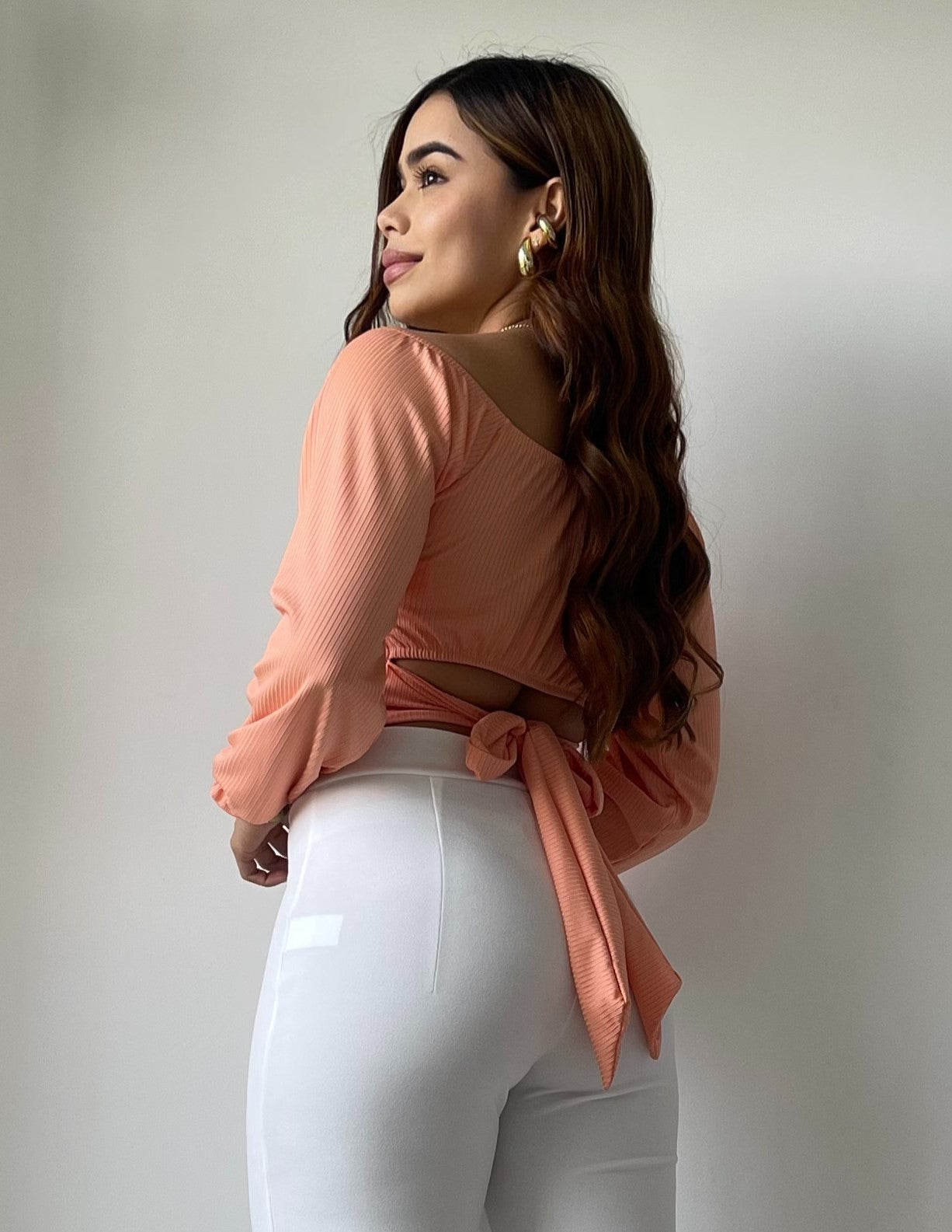 Blusa Manga Larga Tiras Amarrar Cintura