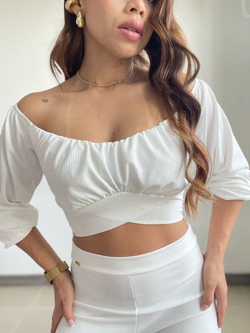 Blusa Manga Larga Tiras Amarrar Cintura