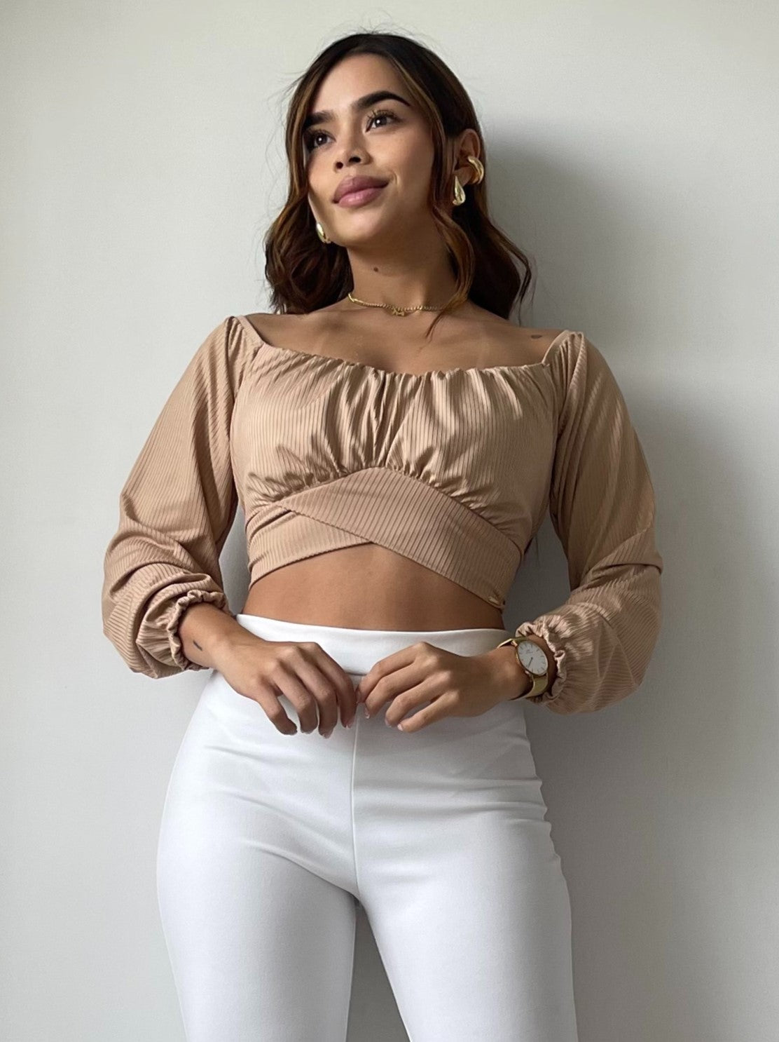 Blusa Manga Larga Tiras Amarrar Cintura