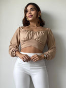 Blusa Manga Larga Tiras Amarrar Cintura