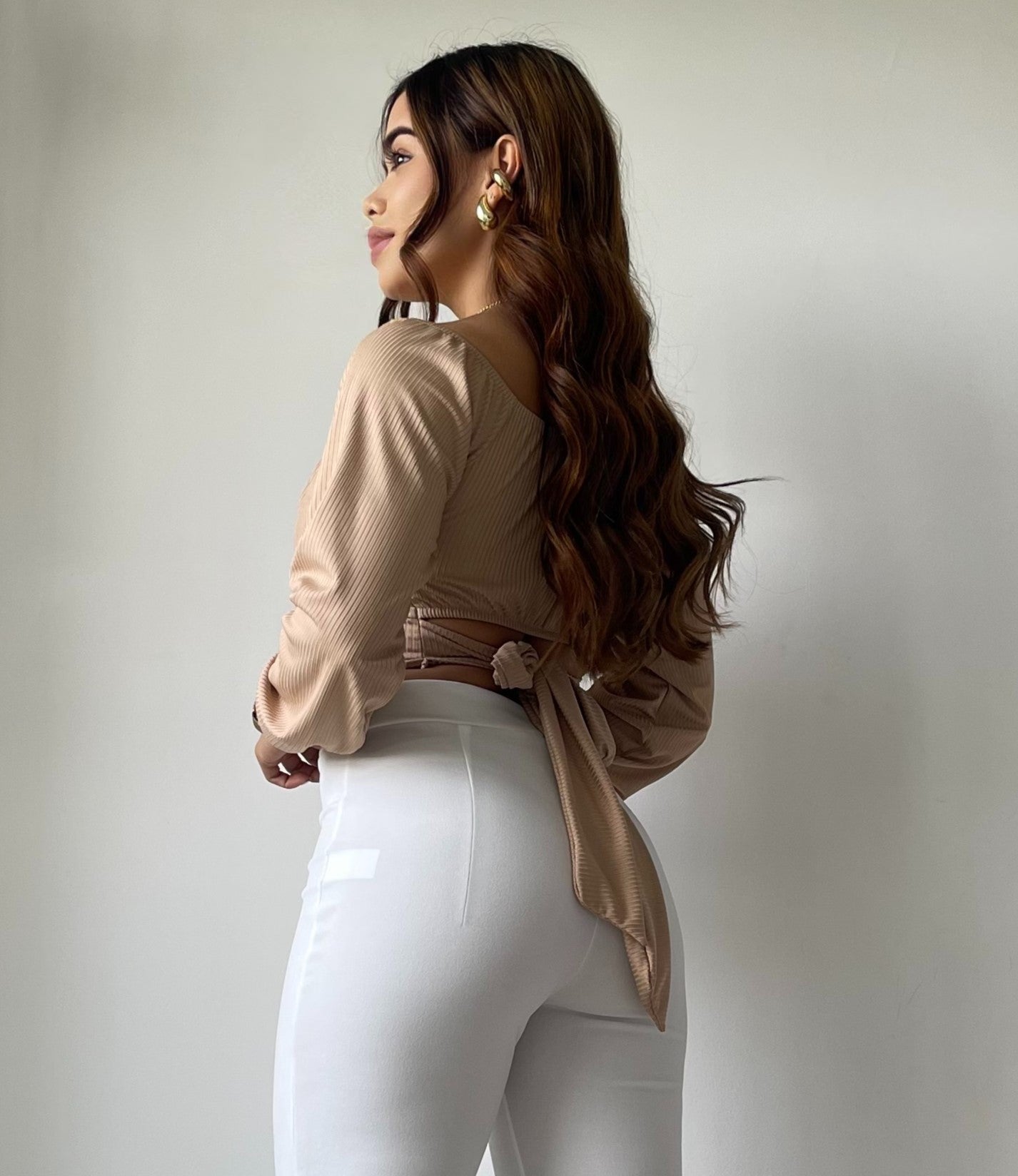 Blusa Manga Larga Tiras Amarrar Cintura