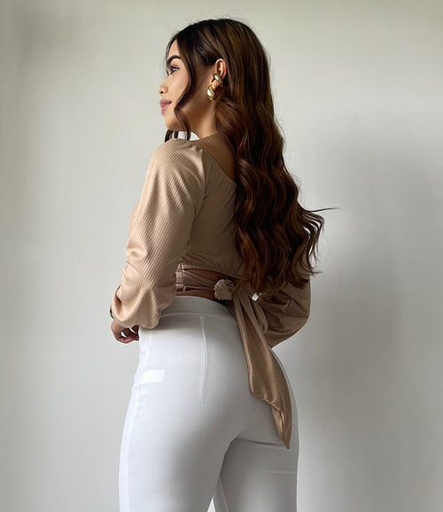 Blusa Manga Larga Tiras Amarrar Cintura