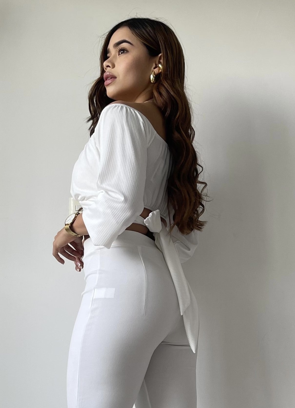 Blusa Manga Larga Tiras Amarrar Cintura