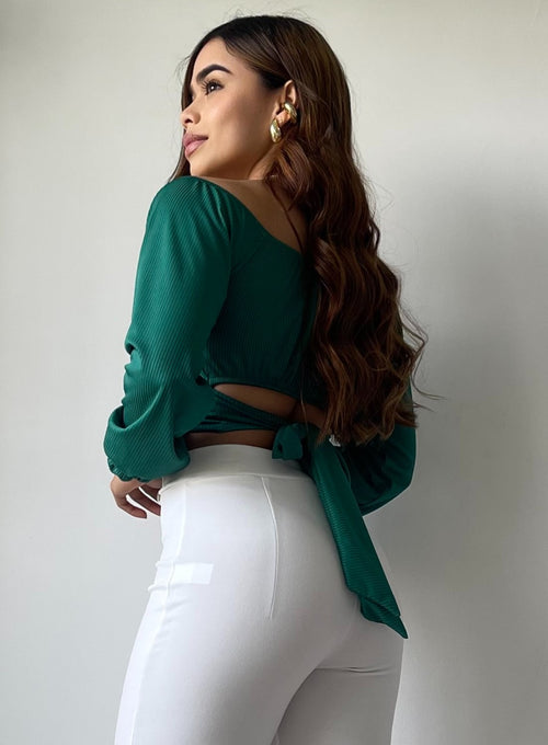 Blusa Manga Larga Tiras Amarrar Cintura