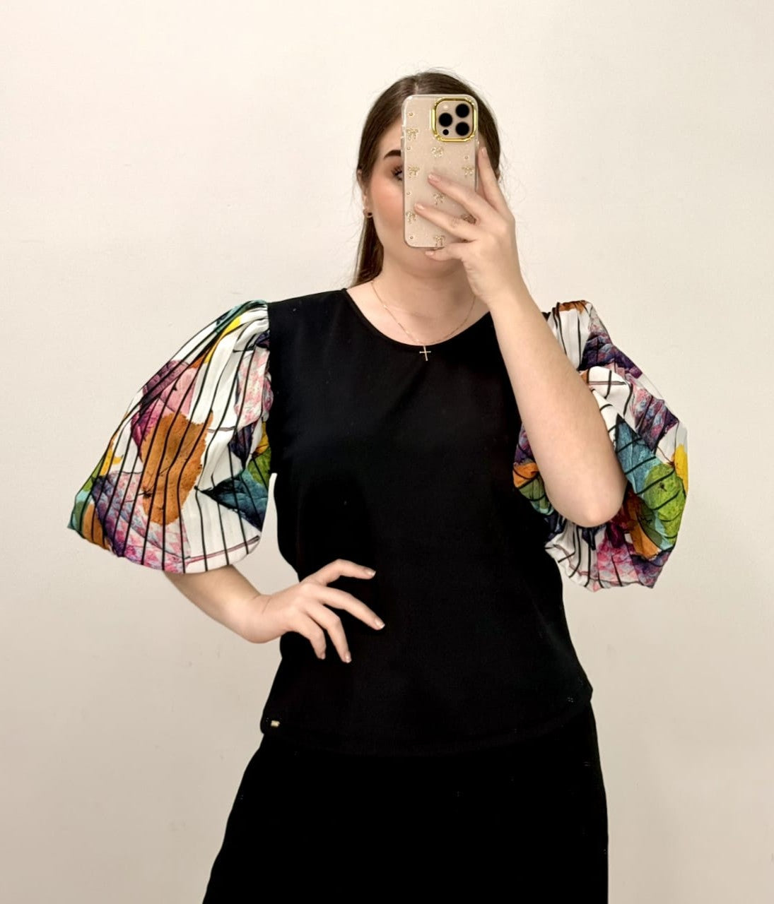 Blusa Cuello Redondo Manga Globo Estampa