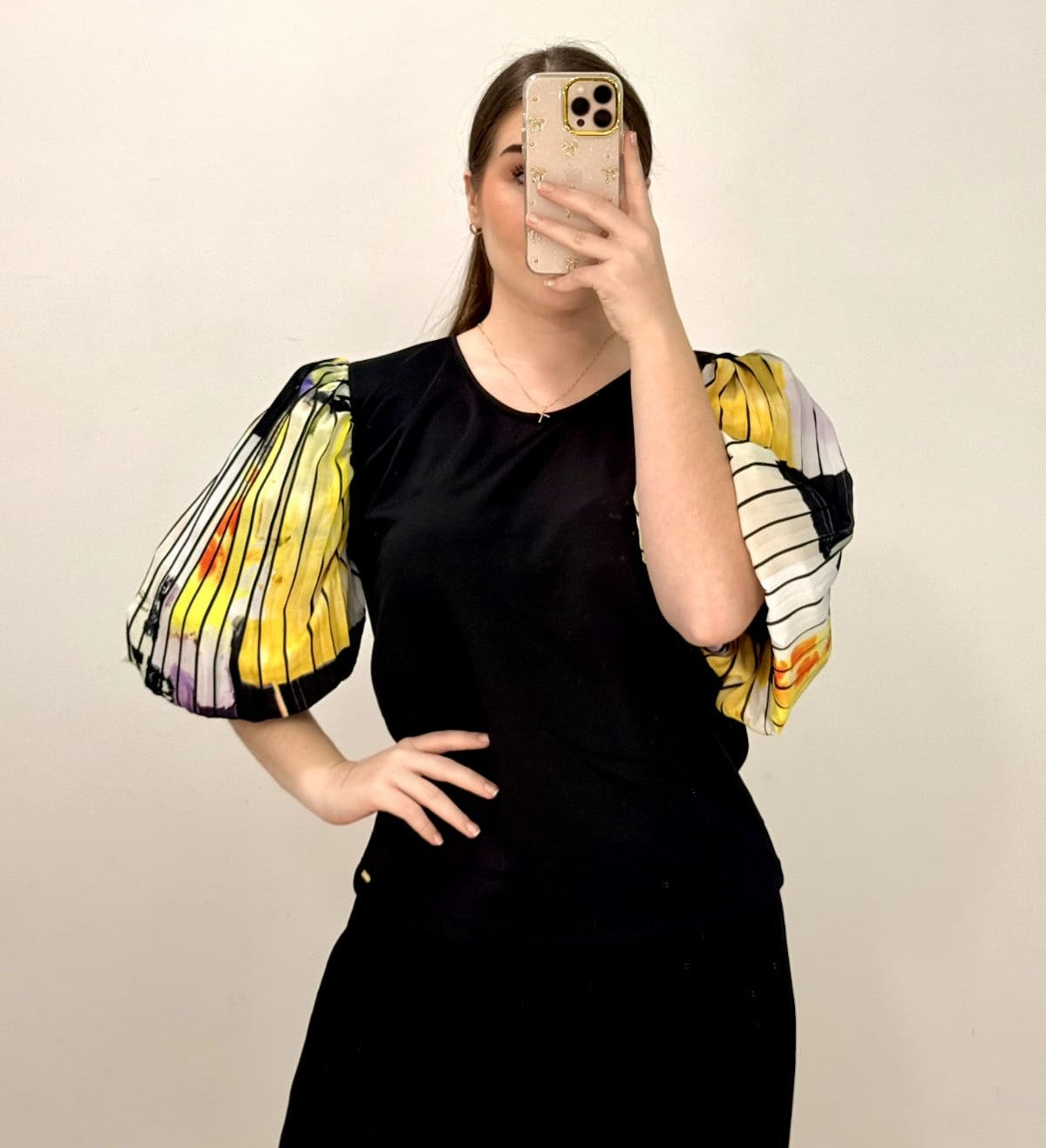 Blusa Cuello Redondo Manga Globo Estampa