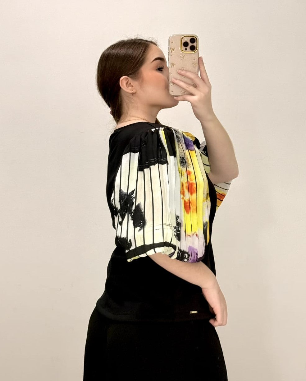 Blusa Cuello Redondo Manga Globo Estampa