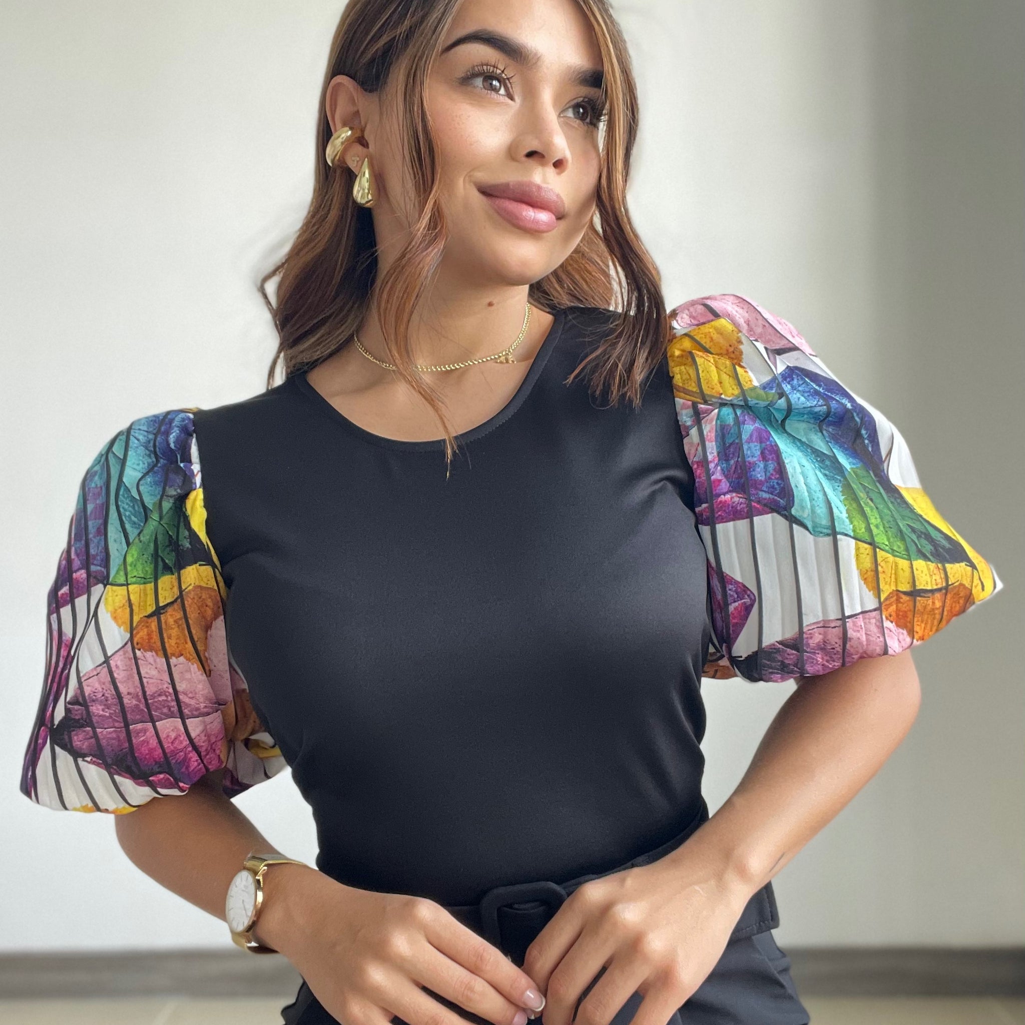 Blusa Cuello Redondo Manga Globo Estampa