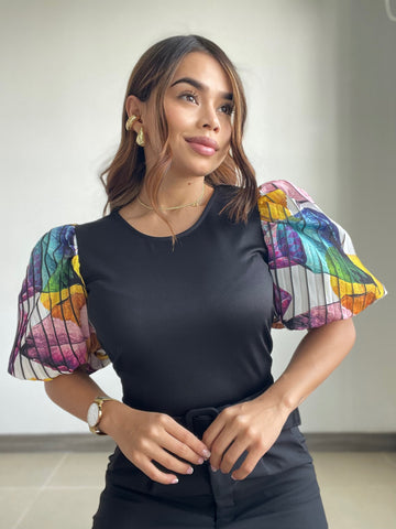 Blusa Cuello Redondo Manga Globo Estampa