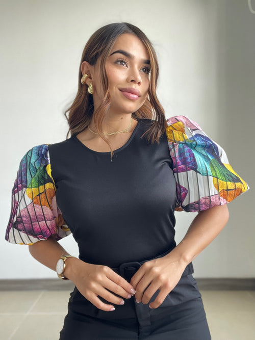 Blusa Cuello Redondo Manga Globo Estampa