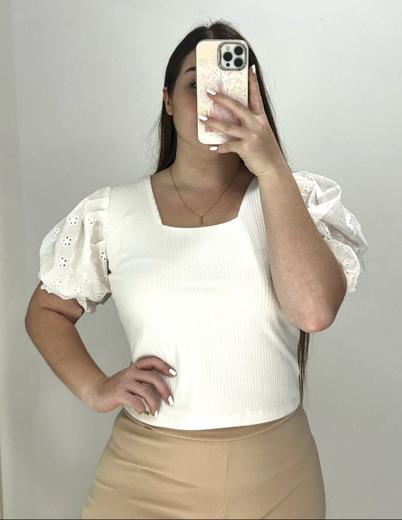 Blusa Rib Manga En Hoja Rota Unicolor