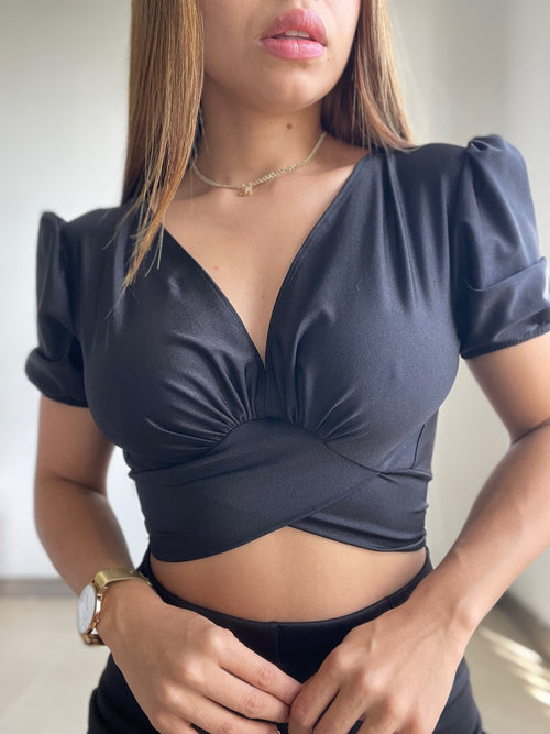 Blusa Manga Corta Amarrar Cuello V