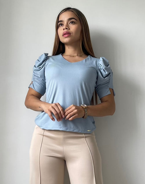 Blusa Cuello V Manga Corta Zurcida