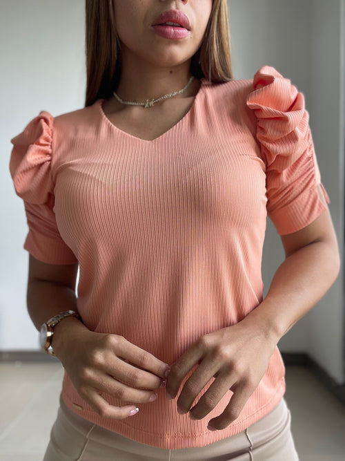 Blusa Cuello V Manga Corta Zurcida