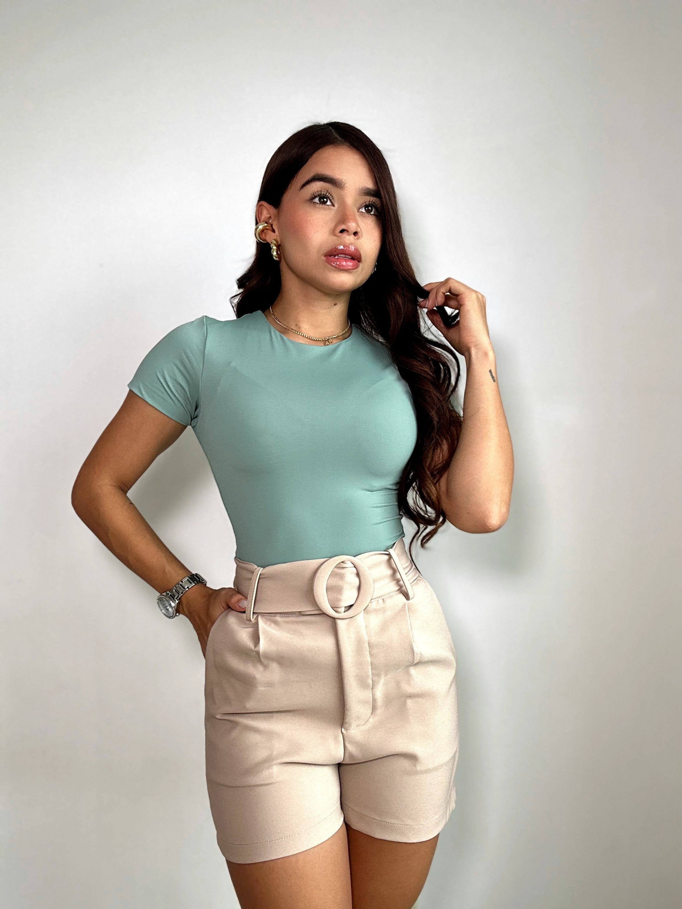 Body Manga Corta Cuello Redondo Alto