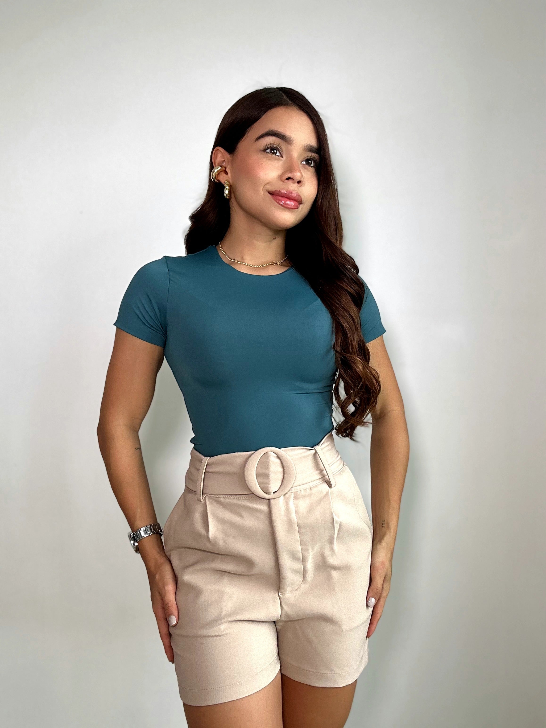 Body Manga Corta Cuello Redondo Alto