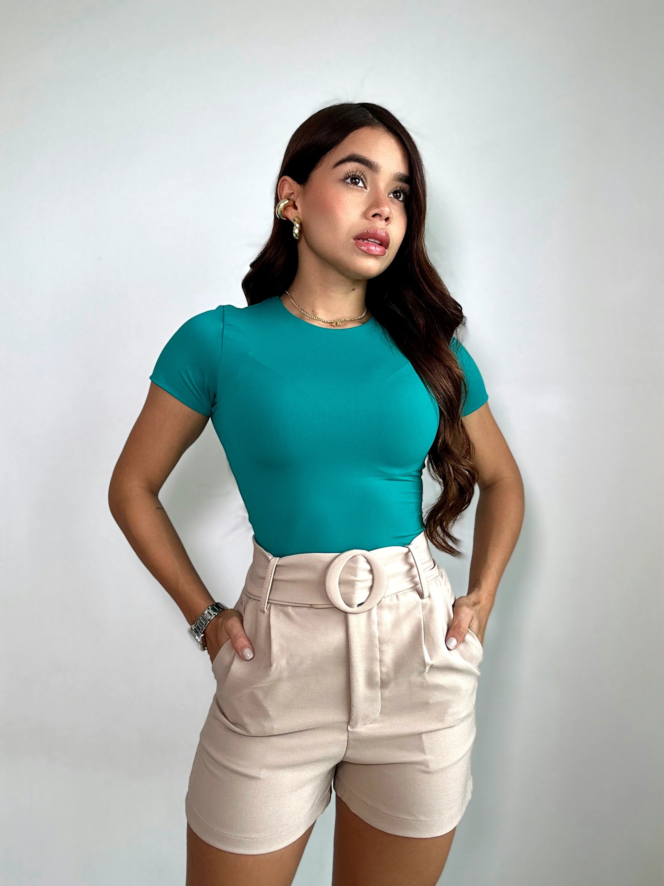 Body Manga Corta Cuello Redondo Alto