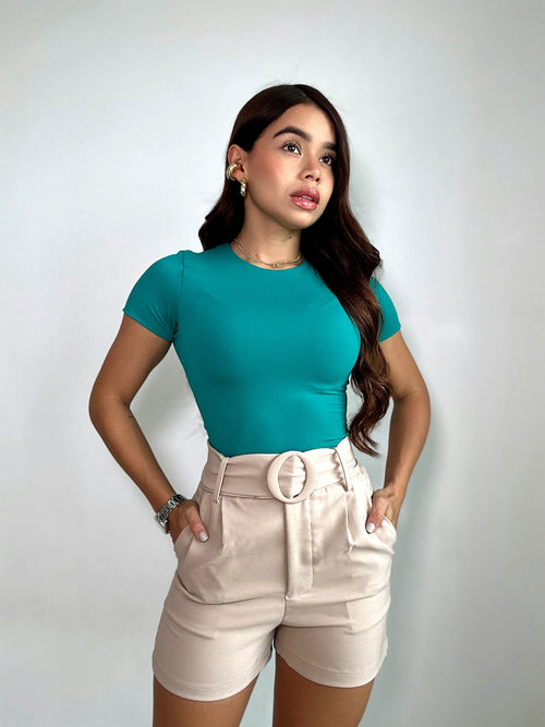 Body Manga Corta Cuello Redondo Alto