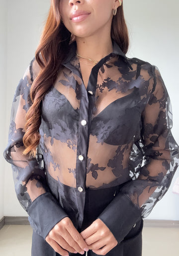Blusa Manga Larga Tela Chifon De Flores
