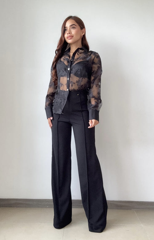 Blusa Manga Larga Tela Chifon De Flores