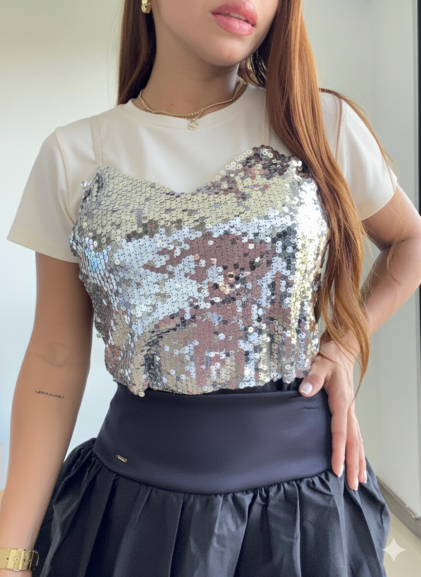 Camisa Manga Corta Sobrepuesto Lentejuel