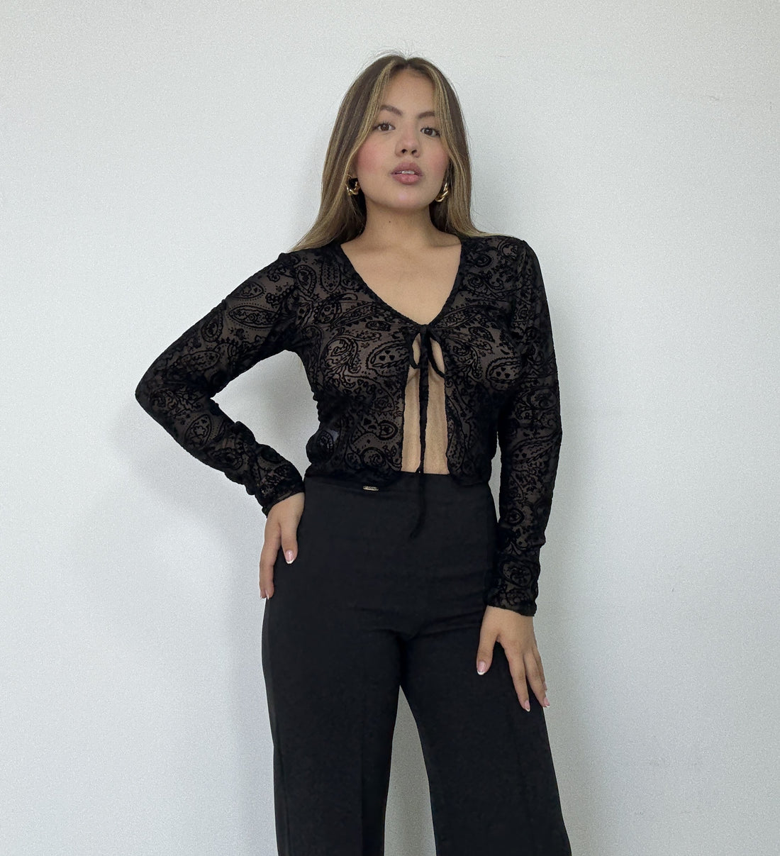 Blusa Manga Larga Estilo Chaleco Amarrar