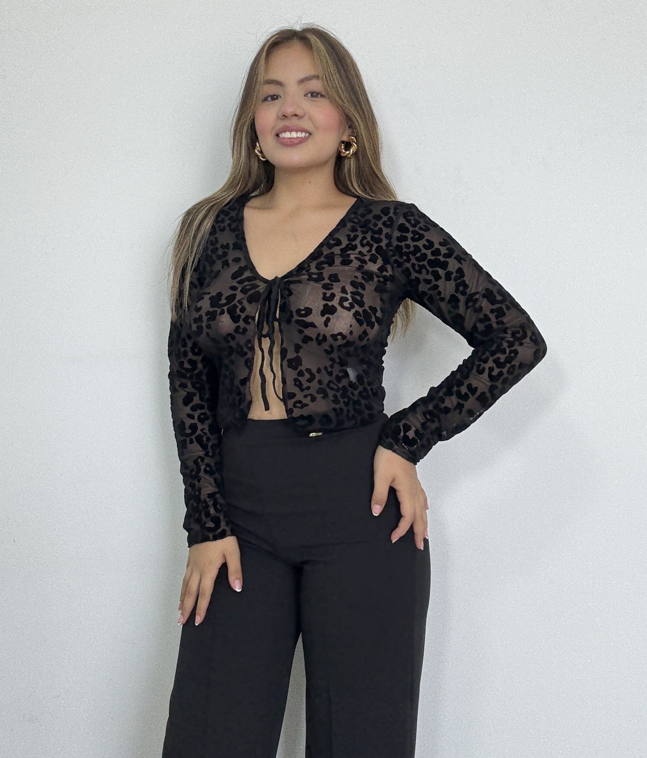 Blusa Manga Larga Estilo Chaleco Amarrar