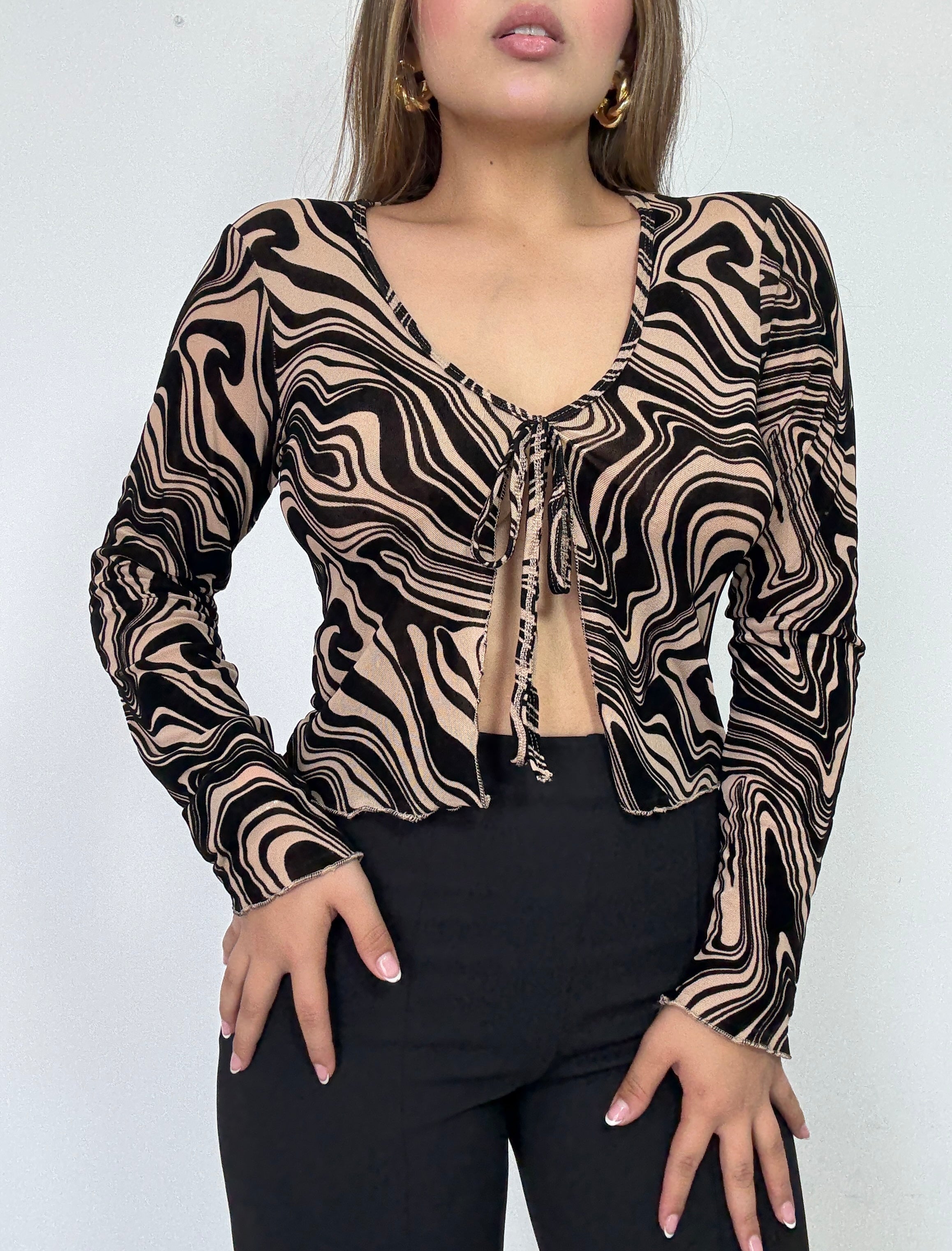 Blusa Manga Larga Estilo Chaleco Amarrar
