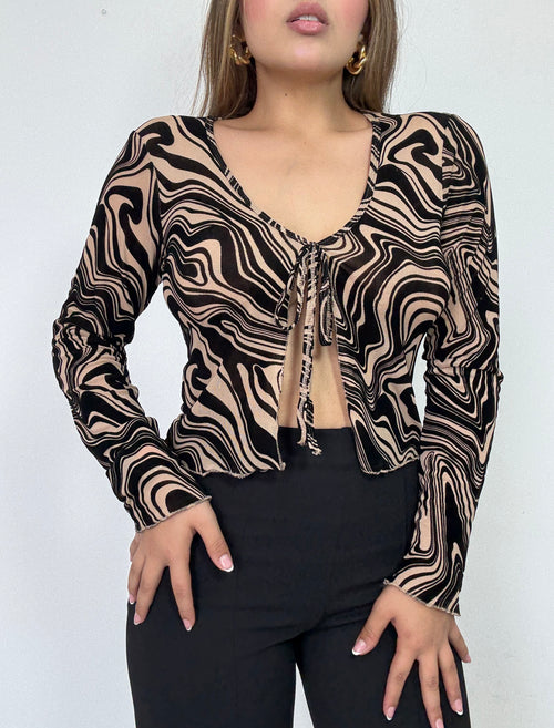 Blusa Manga Larga Estilo Chaleco Amarrar