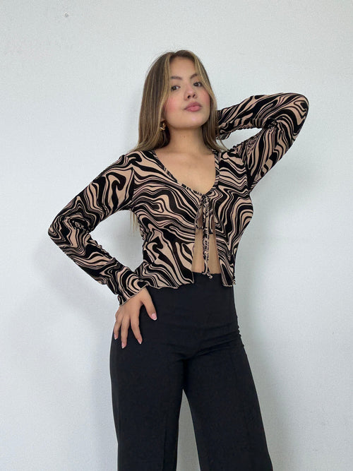 Blusa Manga Larga Estilo Chaleco Amarrar