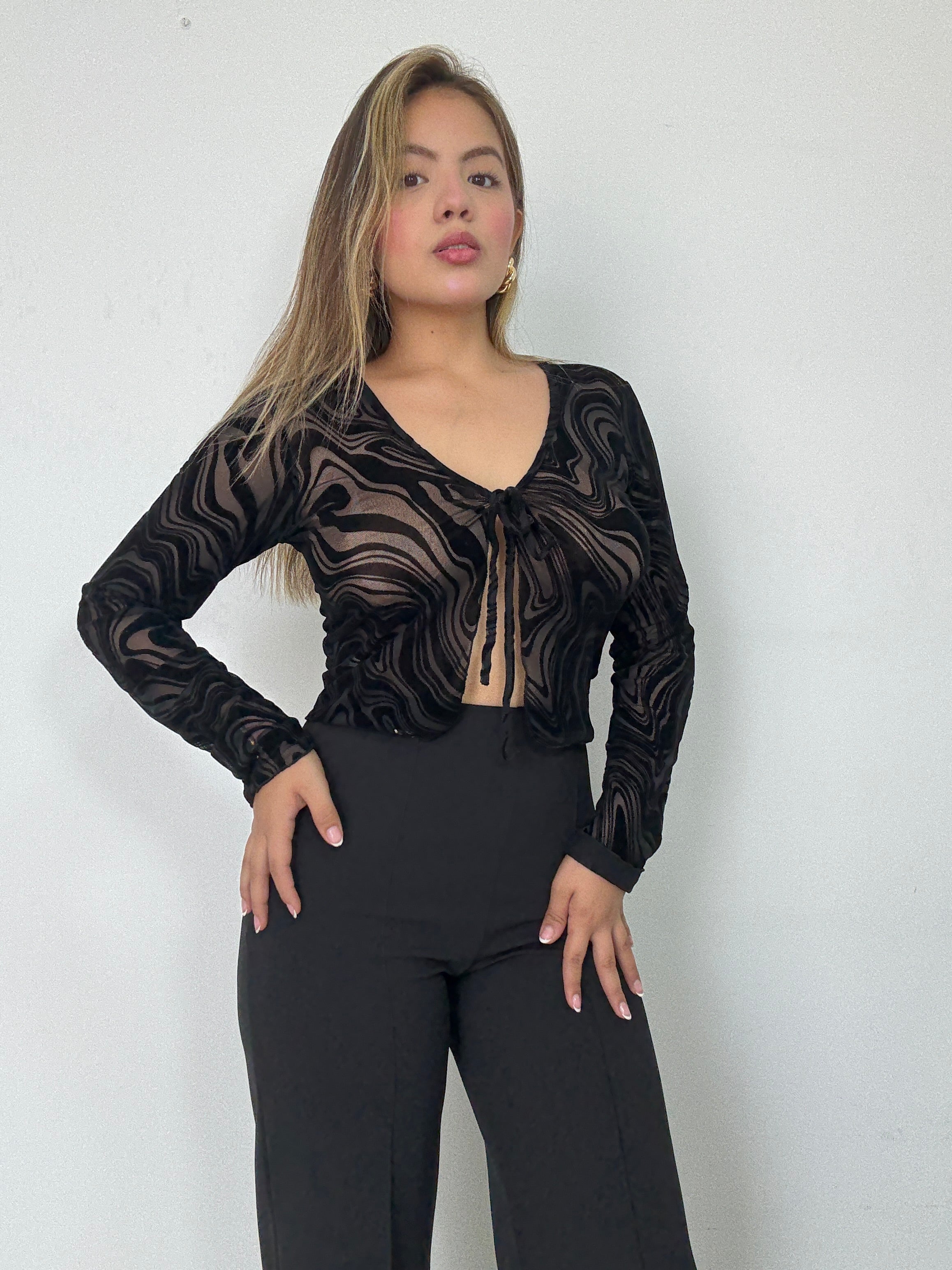 Blusa Manga Larga Estilo Chaleco Amarrar