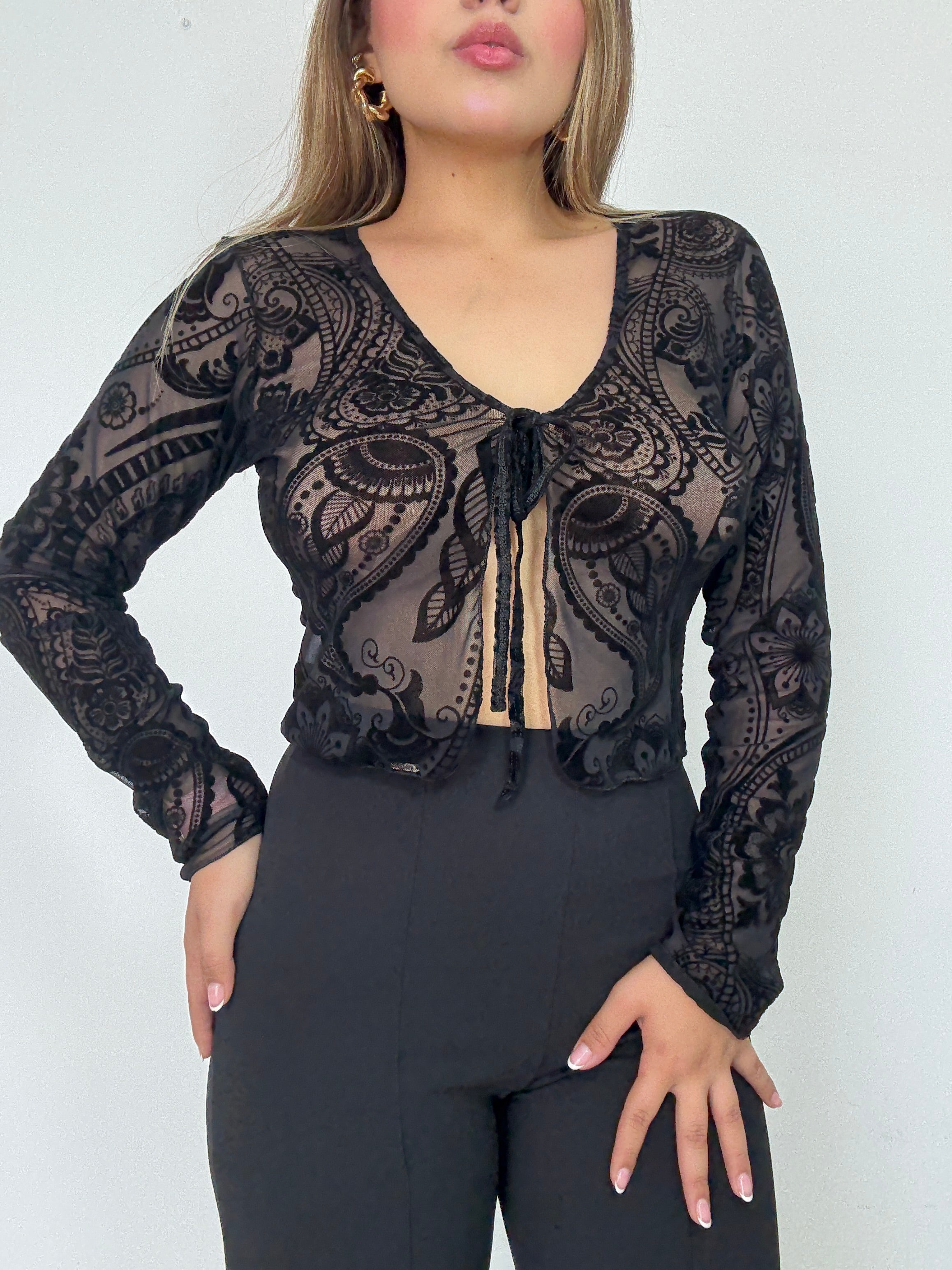 Blusa Manga Larga Estilo Chaleco Amarrar