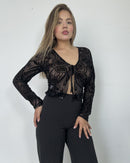 Blusa Manga Larga Estilo Chaleco Amarrar