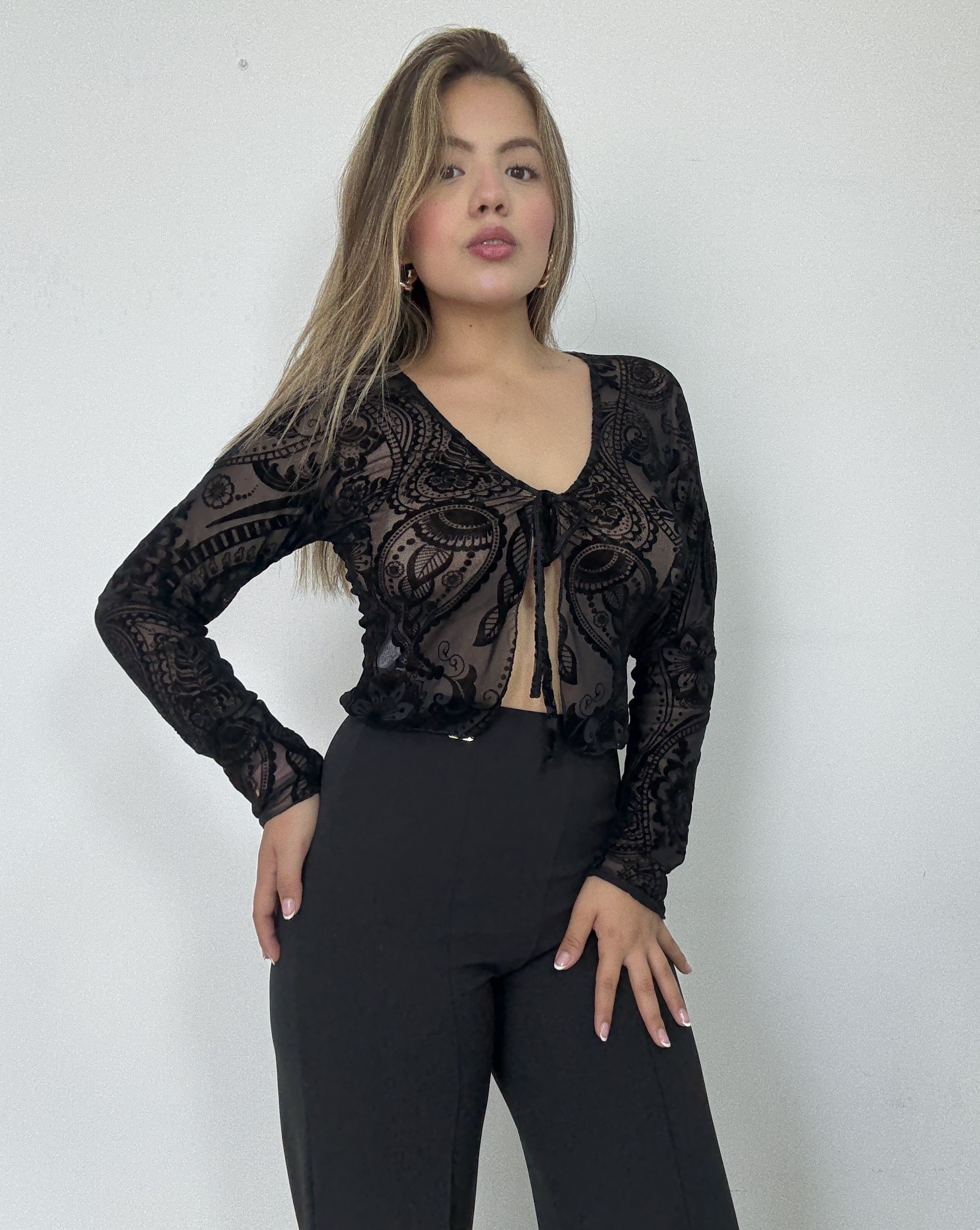 Blusa Manga Larga Estilo Chaleco Amarrar