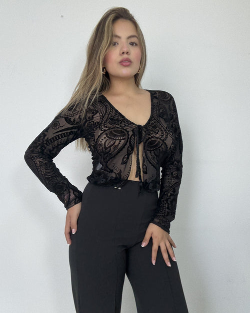Blusa Manga Larga Estilo Chaleco Amarrar
