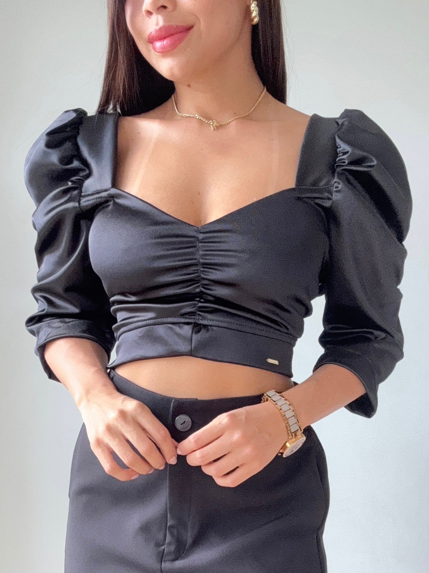 Blusa Satin Manga 3/4 Globo Zurcido Bust