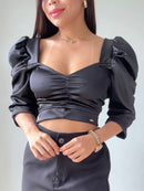 Blusa Satin Manga 3/4 Globo Zurcido Bust