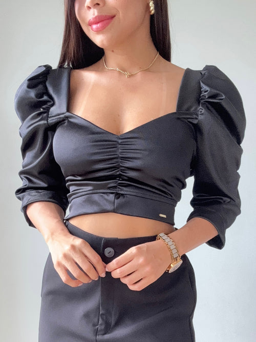 Blusa Satin Manga 3/4 Globo Zurcido Bust