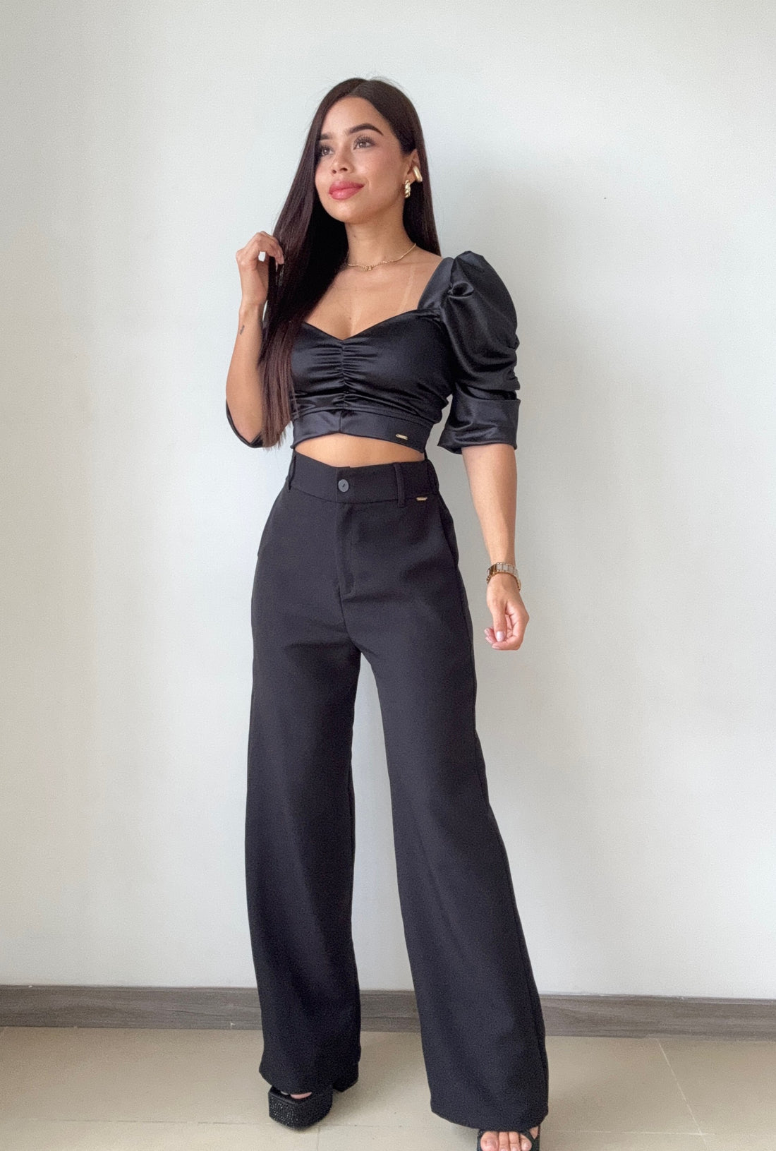 Blusa Satin Manga 3/4 Globo Zurcido Bust