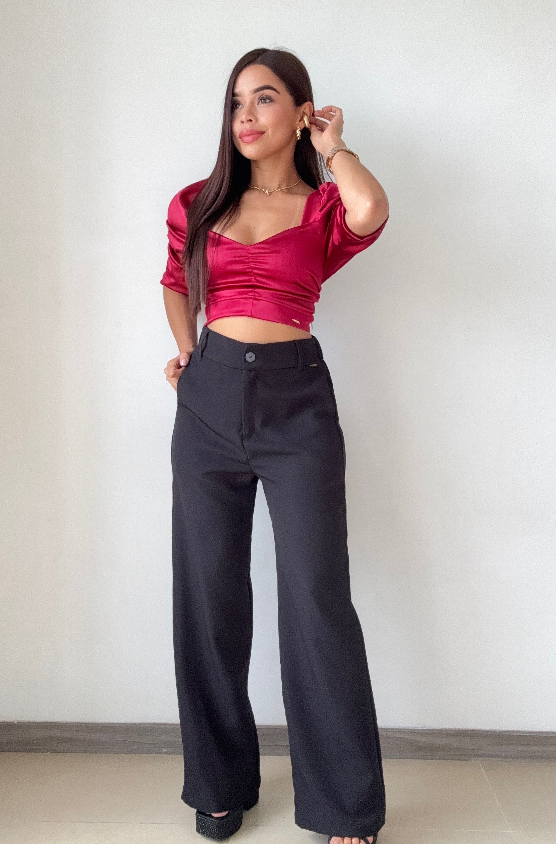 Blusa Satin Manga 3/4 Globo Zurcido Bust