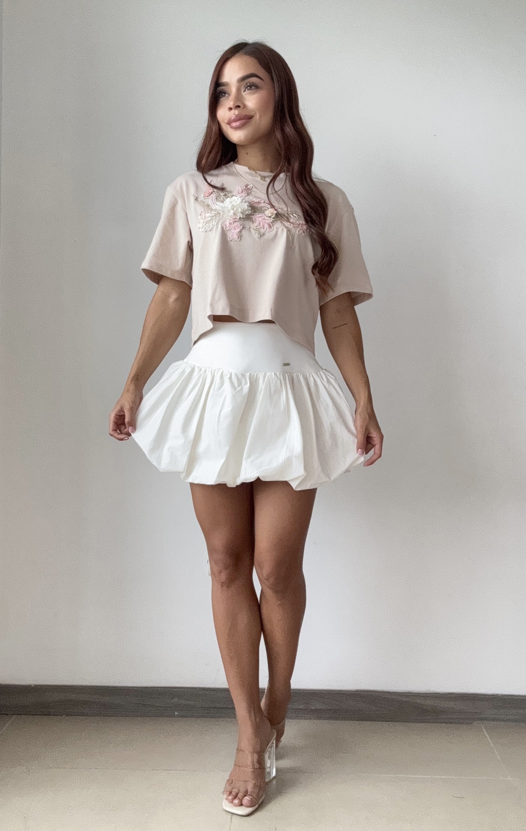 Camisa Manga Corta Aplique Flores